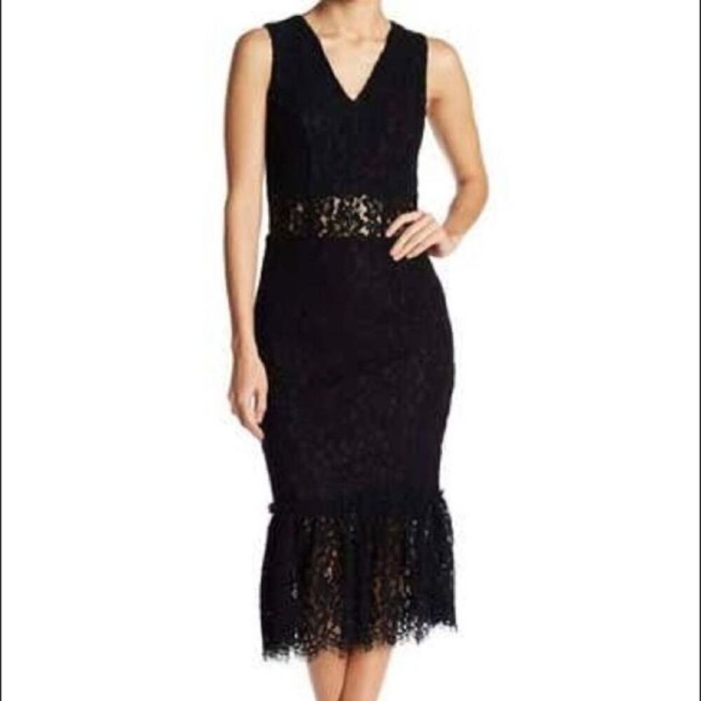 Alexia Admor -Midi Dress Lace Overlay Deep-V Sleeveless Black Lace - Size Small
